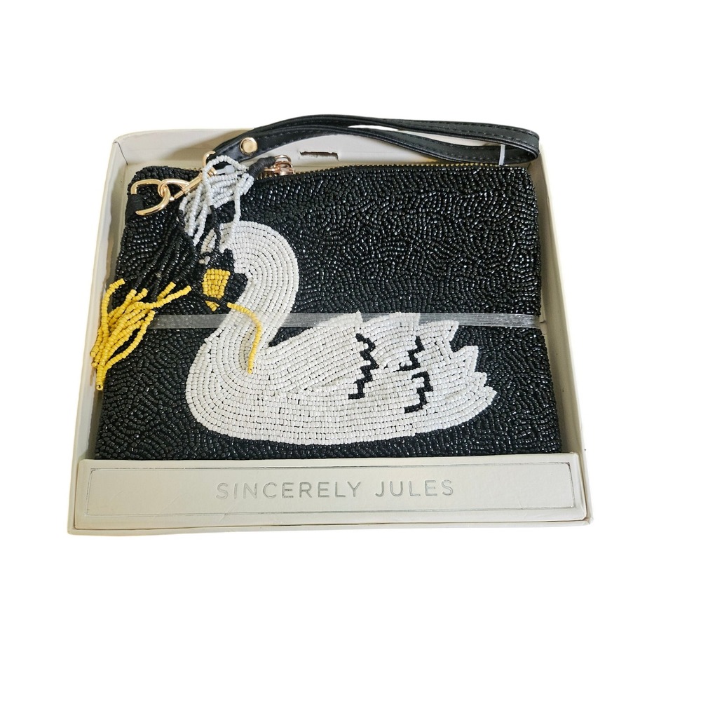 Sincerely Jules Beaded Wristlet Women Black White Swan Tassel Clutch Bag